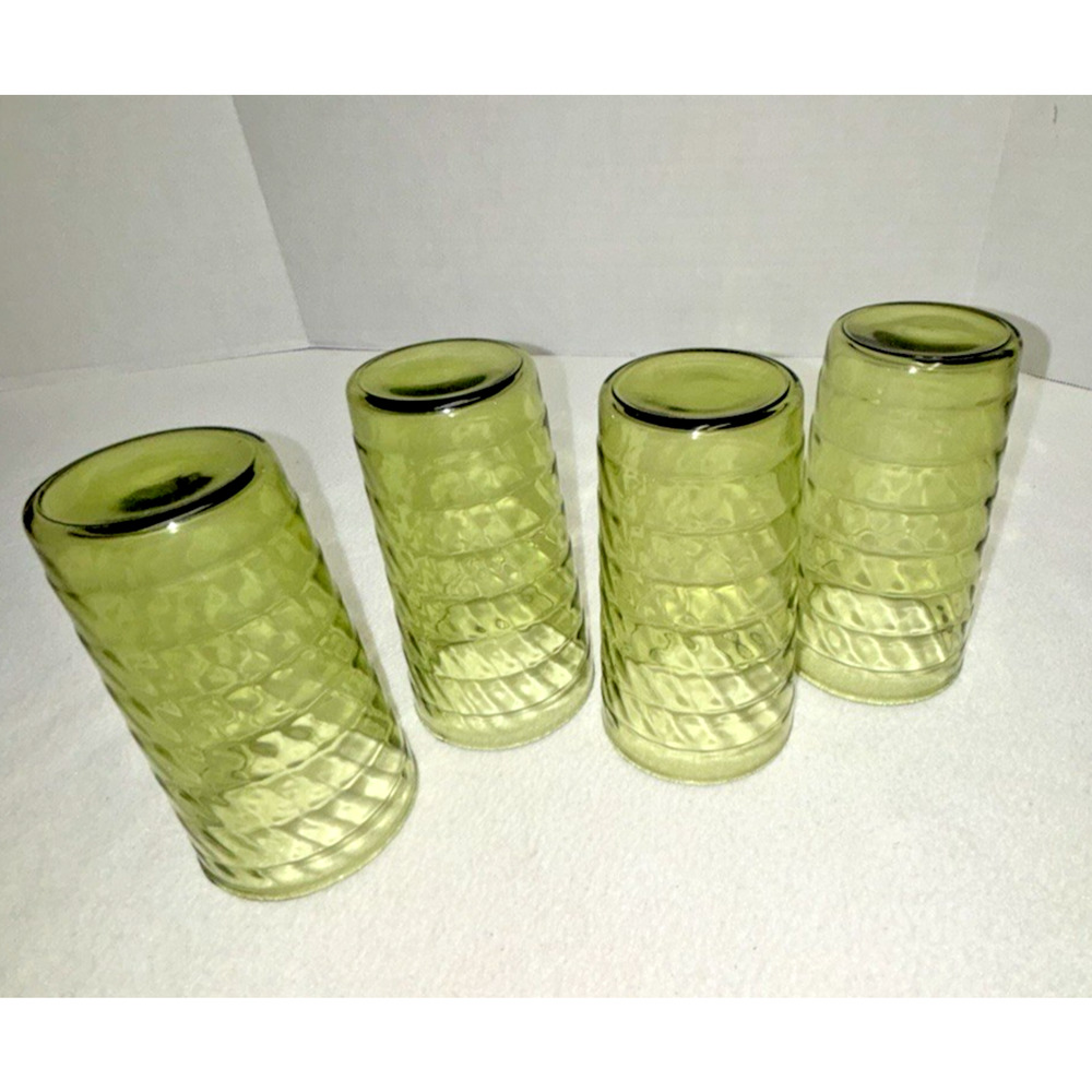 VTG Lot of 4 Green Ripple Ribbed Optic Tumblers 6” Glasses MCM Estate Find